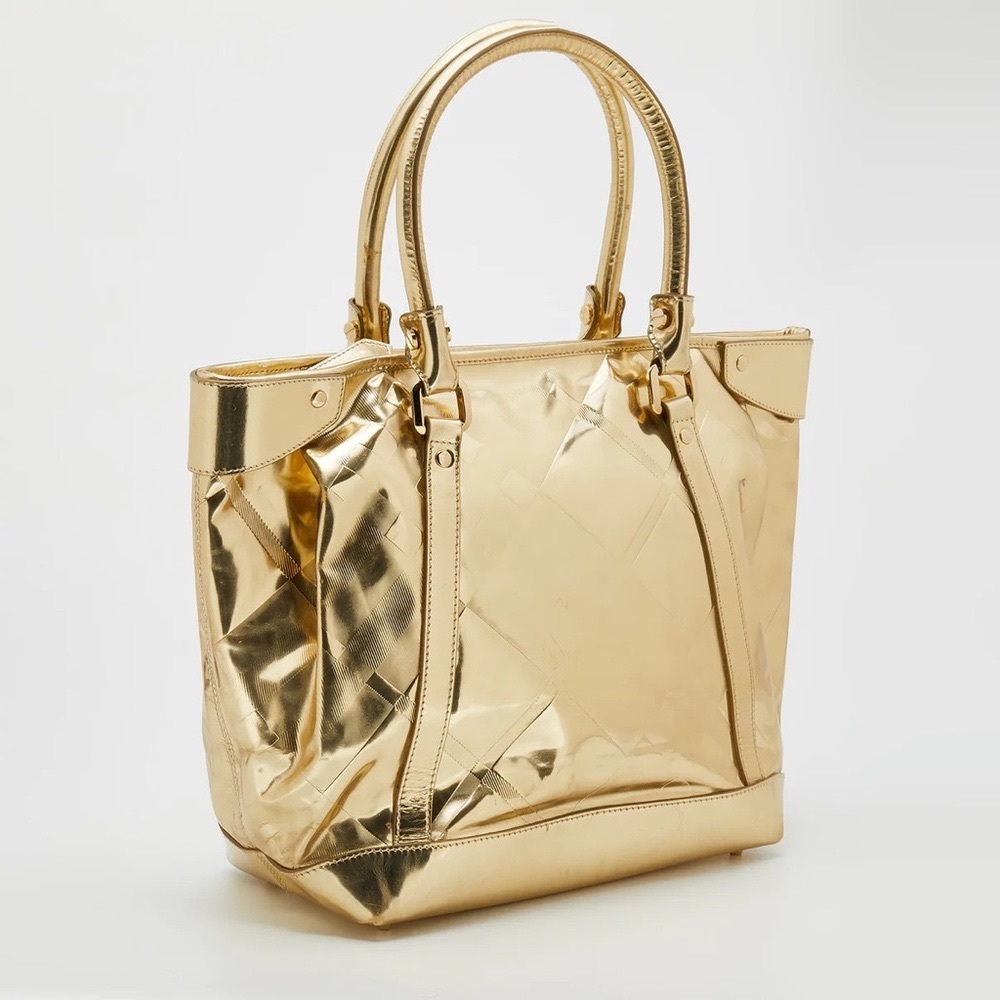 BURBERRY Metallic Gold Beat Check Mirror Patent Leather Tote Great condition.